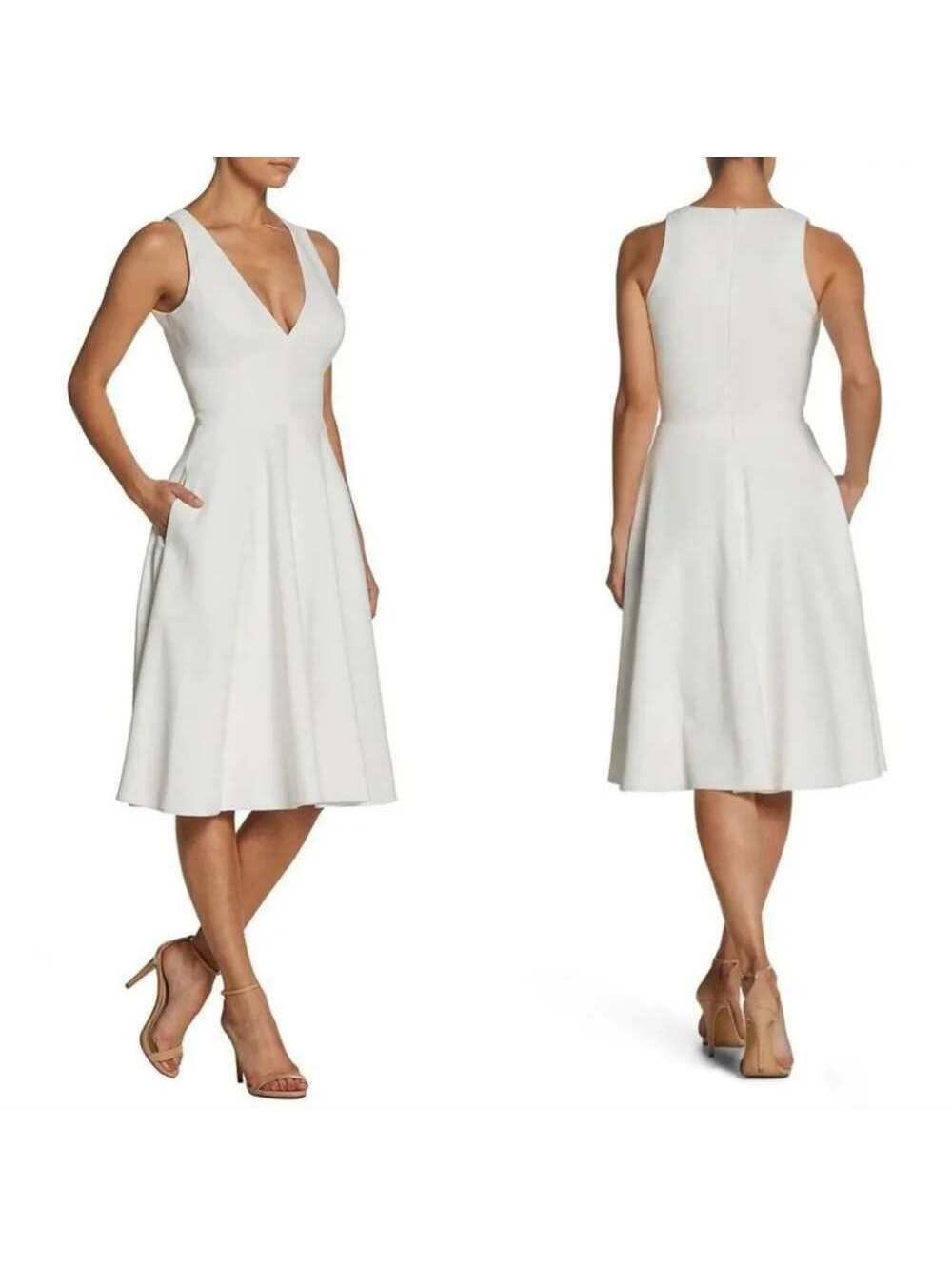 Dress The Population Catalina Crepe V-Neck Sleeveless Fit and Flare Dress